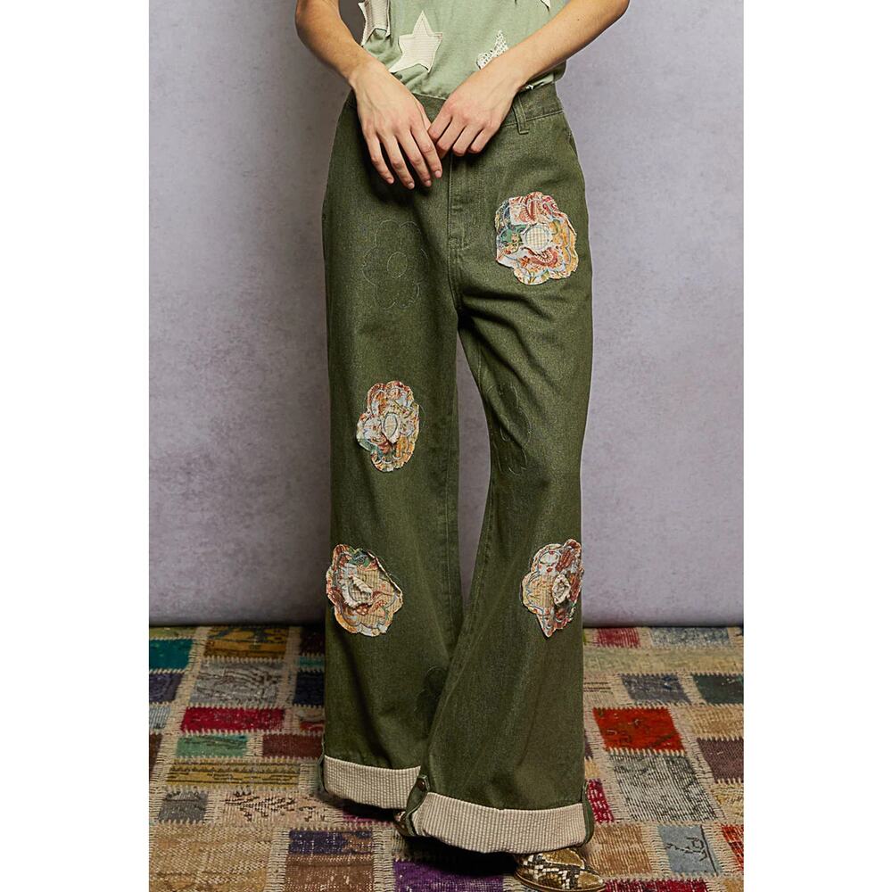 "Truckee" Denim Twill Patchwork Pants in Olive Green